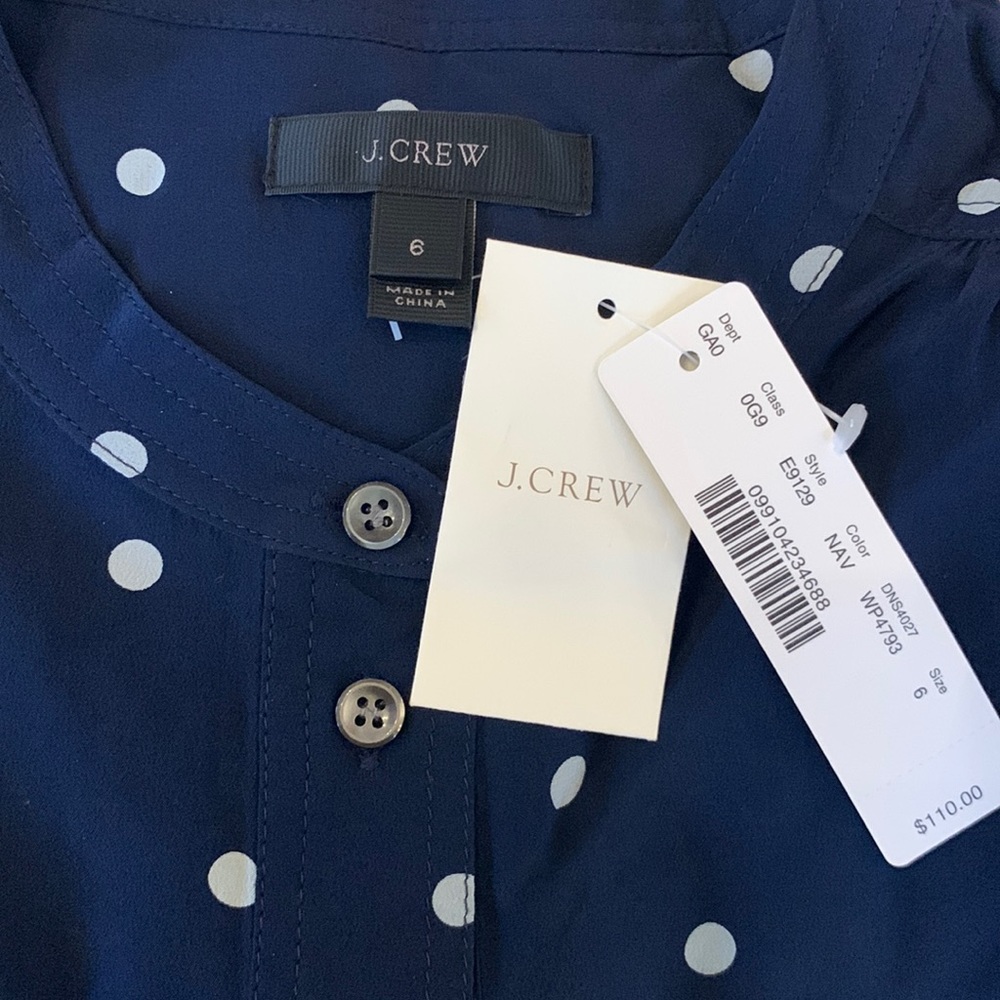 J Crew Silk Popover Polka Dot Shirt NWT Size 6